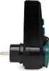 Side view of a black electrical plug adapter with green and blue buttons. Produktbild-Vorschau