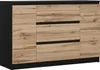 A front view of a wooden and black sideboard with two doors and three drawers, presented on a white background. Voir les images du produit