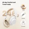 A marketing image showcasing headphones with text highlighting comfort and travel-readiness, along with feature callouts. Voir les images du produit