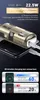 A close-up shot of a gold-colored car charger plugged into a smartphone, with marketing text and a charging test comparison graphic. Produktbild-Vorschau