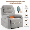 A grey recliner chair with massage and heating functions, with a remote control in hand and feature icons on the side. Náhľad obrázku produktu