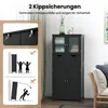 A black bathroom cabinet with glass doors and drawers, shown with safety instructions and mounting hardware. Náhled obrázku produktu
