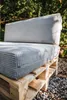A close-up of outdoor sofa cushions on a wooden pallet, with greenery in the background. Voir les images du produit