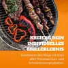 A close-up of a grill with various food items on it, including skewers of meat and peppers, with promotional text overlayed. Produktbild-Vorschau