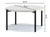 A round white coffee table with black legs is shown from a slightly elevated angle, with dimensions indicated by arrows and text. Produktbild-Vorschau