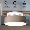 A ceiling light fixture with a fabric shade is shown, with icons and text indicating product features. Produktbild-Vorschau