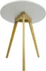 The underside of a round white table with a wooden tripod base. Podgląd zdjęcia produktu