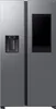 A front view of a modern, stainless steel side-by-side refrigerator with a large touchscreen display on the right door and a water dispenser on the left door. Produktbild-Vorschau