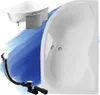 A collage of images showing a bathtub and its accessories, with a blue watercolor-like background. Produktbild-Vorschau