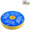 A round blue filter with yellow trim and text instructions, set against a white background. A small logo is in the top right corner. Produktbild-Vorschau