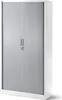 A white and gray metal filing cabinet with a roll-up door and a lock. Produktbild-Vorschau