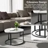 A living room scene with a sectional sofa and two round coffee tables. The tables have a marble-like top and black metal legs. Close-up shots of the table legs and base are shown in inset boxes. Náhľad obrázku produktu