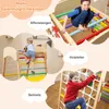 A collage of images showing children playing on a wooden climbing structure with various attachments like a net, ladder, and bars. Produktbild-Vorschau