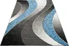 A modern rug with abstract wavy patterns in gray, black, blue, and white. Náhľad obrázku produktu