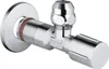 A chrome-plated angle valve with a round flange and a handle. Produktbild-Vorschau