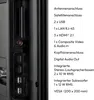 A close-up view of the ports and connection options on the back of a television, with a list of features and specifications next to it. Produktbild-Vorschau
