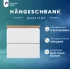 A marketing image for a white hanging cabinet with a wooden top, featuring text and icons describing its features. Voir les images du produit