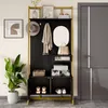 A hallway storage unit with a mirror, hooks, shelves, and cabinets, placed next to a door. Anteprima dell’immagine prodotto