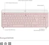 A close-up view of a pink and white Logitech keyboard with feature callouts. Produktbild-Vorschau