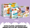 Two LEGO Duplo bath toy sets are displayed side-by-side with product numbers and a promotional message at the bottom. Náhled obrázku produktu