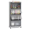 A gray kitchen cabinet with multiple shelves and transparent doors, filled with various food items and kitchenware. Náhled obrázku produktu