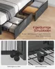 A bed frame with storage drawers is shown from multiple angles, with close-ups of the drawer mechanism and wheels. Produktbild-Vorschau
