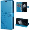 Collage of a blue flip wallet phone case for a Xiaomi 15T Pro, showing the exterior, interior with card slots, and the phone in a stand position. Produktbild-Vorschau