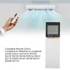 A hand holding a remote control in front of an air conditioner unit emitting cool air. Náhľad obrázku produktu