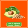 Avocado and sesame seeds are shown with leaves on an orange background. Produktbild-Vorschau