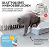 A cat is stepping out of an open litter box onto a litter mat, with marketing text overlaying the image. Produktbild-Vorschau