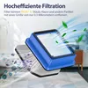 A close-up view of a blue air filter with green leaves and blue air currents flowing around it, illustrating its filtration capabilities. The background shows a blurred interior scene. Produktbild-Vorschau