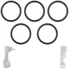 Five black O-rings are arranged in two rows at the top of the image. Below them, on the left, is a gray and white power tool. On the right, a white appliance with a clear base is shown. Produktbild-Vorschau