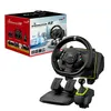 A gaming steering wheel, pedals, and gear shifter set, with its packaging in the background. Voir les images du produit