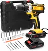 A cordless drill set with accessories and two batteries, laid out on a white background. Produktbild-Vorschau