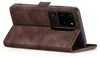 A brown flip case for a smartphone, shown from a side angle with the phone inserted. Produktbild-Vorschau