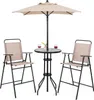 A beige and black outdoor bistro set with a table and two chairs, under a beige umbrella. Podgląd zdjęcia produktu