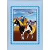Cartoon illustration of a Native American child riding a horse in a village setting. Produktbild-Vorschau