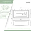 A technical drawing and feature list for a kitchen sink. Produktbild-Vorschau