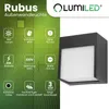 A product image featuring a black outdoor wall light with a white illuminated panel, accompanied by marketing text and icons detailing its features. Podgląd zdjęcia produktu