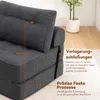 A close-up view of a dark gray corduroy sofa bed, highlighting its features with text overlays. Náhled obrázku produktu
