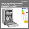 An open dishwasher filled with dishes, next to an energy efficiency label. Produktbild-Vorschau