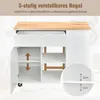 A white kitchen cart with a wooden top, showing its open doors and drawers, with an inset showing shelf spacing. Podgląd zdjęcia produktu