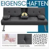 A dark gray sofa bed is shown with two drinks in cup holders, and close-up images of its materials and construction are displayed below. Produktbild-Vorschau