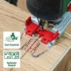 A close-up view of a jigsaw attachment on a wooden surface, with instructional diagrams and text. Voir les images du produit