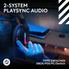 A person wearing gaming headphones in front of a gaming console. Produktbild-Vorschau