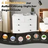 A white dresser with four drawers is shown in a bedroom setting, with decorative elements and text overlays highlighting its features and uses. Náhled obrázku produktu