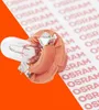 A close-up of a light bulb with a plastic base, set against an orange and white background with repeating text. Produktbild-Vorschau