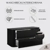 A black bathroom vanity cabinet with two drawers is shown, with icons and text highlighting its features. Produktbild-Vorschau