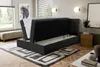 A bedroom scene with a bed open to reveal storage, a rug, and a window. Voir les images du produit