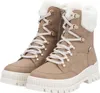 A pair of beige winter boots with white fur trim and white laces. Voir les images du produit